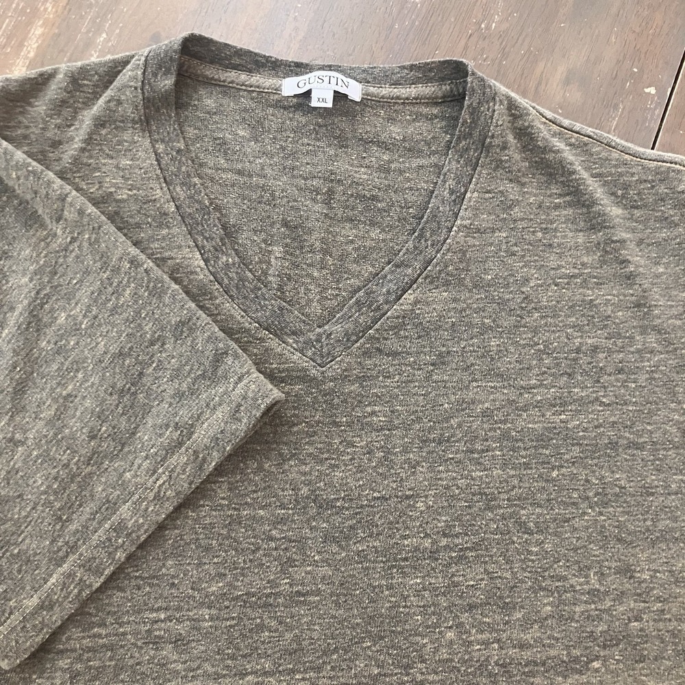 Gustin Men's XXL Green Casual T-shirt‎ V Neck Slub Cotton Short Sleeve